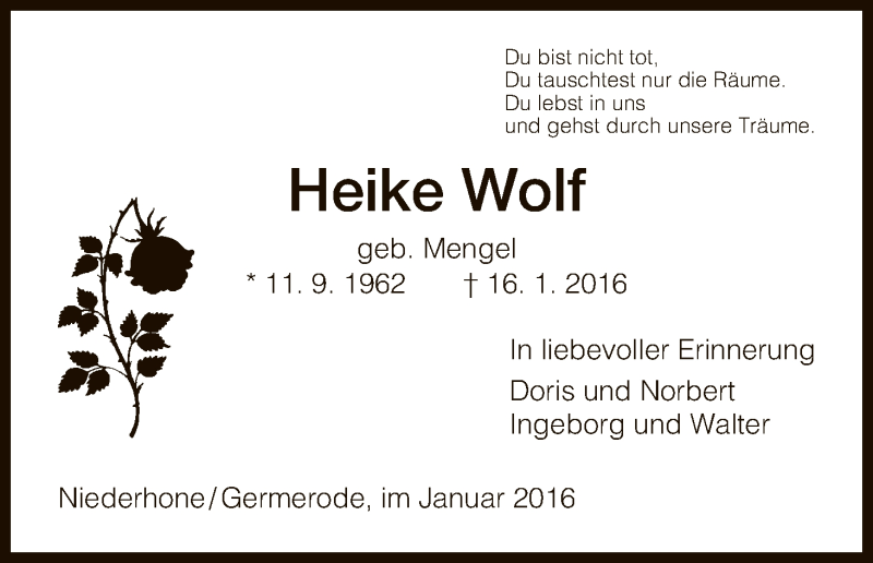  Traueranzeige für Heike Wolf vom 21.01.2016 aus Eschwege
