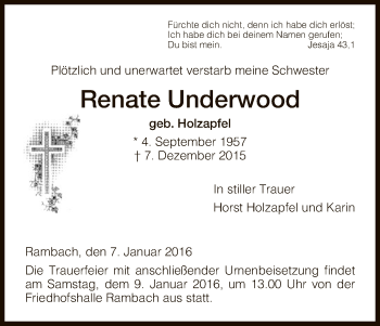 Traueranzeige von Renate Underwood von Eschwege