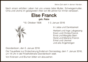 Traueranzeige von Else Franck von Eschwege