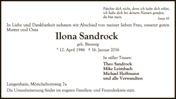 Traueranzeige von Ilona Sandrock von Eschwege