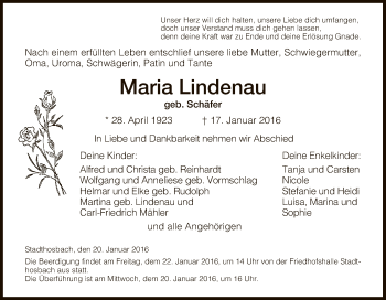 Traueranzeige von Maria Lindenau von Eschwege