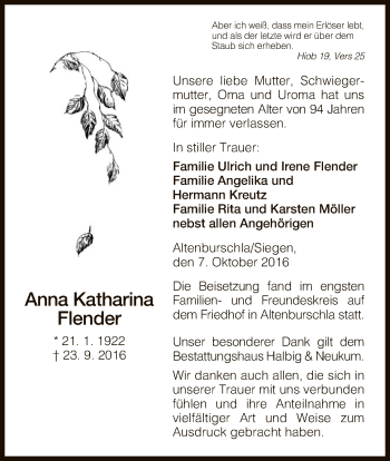 Traueranzeige von Anna Katharina Flender von Eschwege