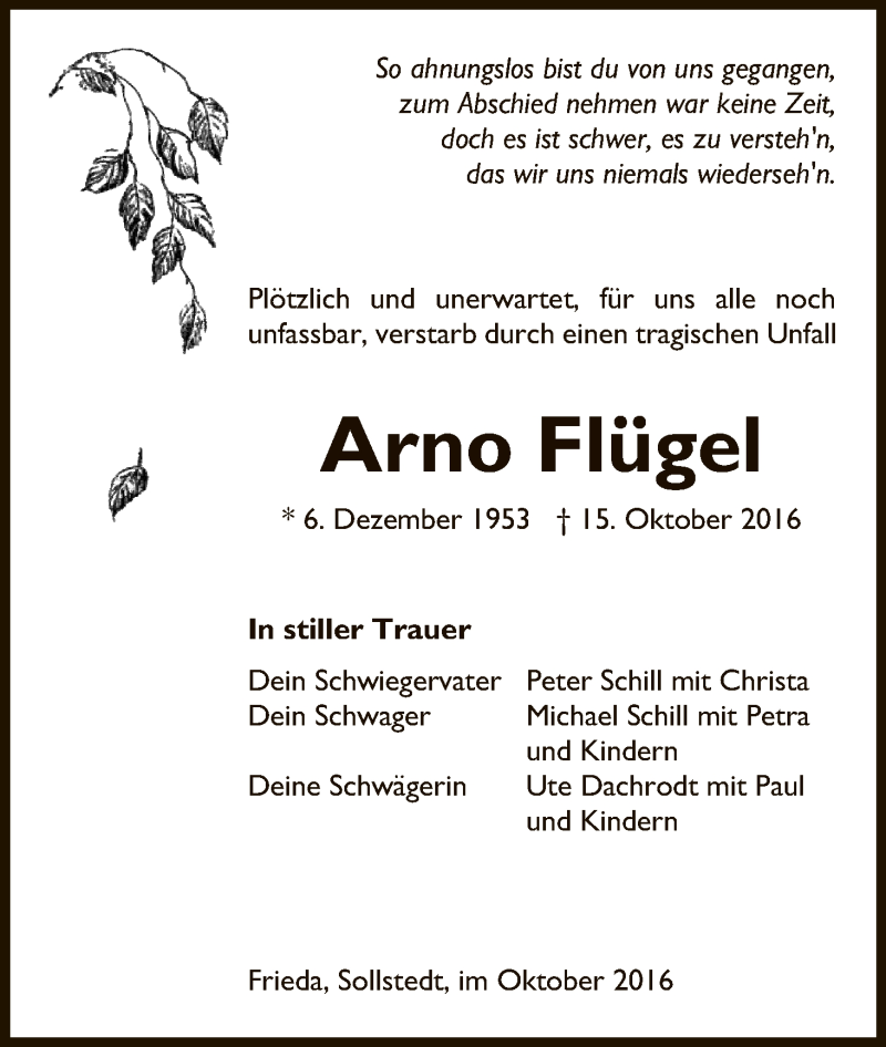  Traueranzeige für Arno Flügel vom 25.10.2016 aus Eschwege