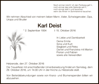 Traueranzeige von Karl Deist von Eschwege