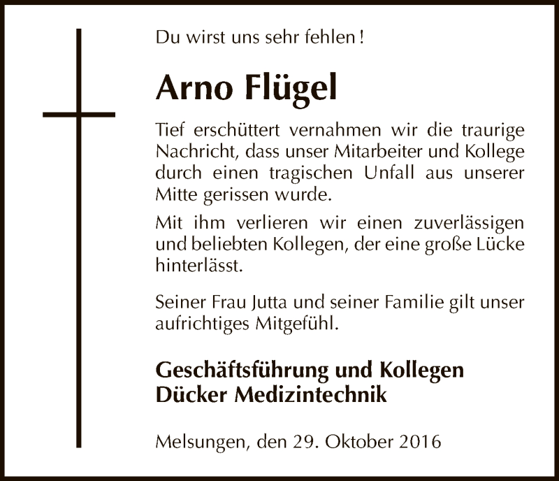  Traueranzeige für Arno Flügel vom 29.10.2016 aus Eschwege