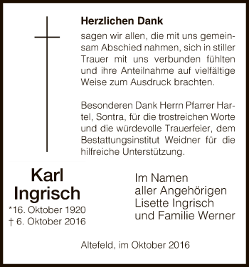 Traueranzeige von Karl Ingrisch von Eschwege