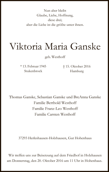 Traueranzeige von Viktoria Maria Ganske von Eschwege