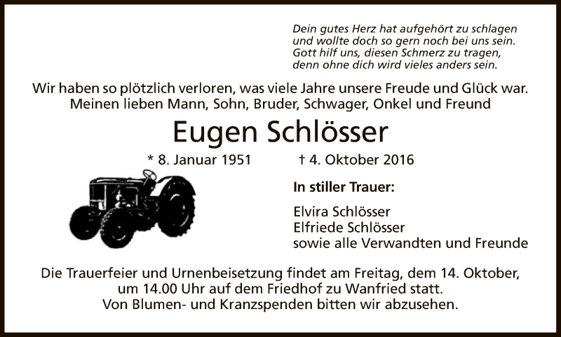 Traueranzeige für Eugen Schlösser vom 11.10.2016 aus Eschwege