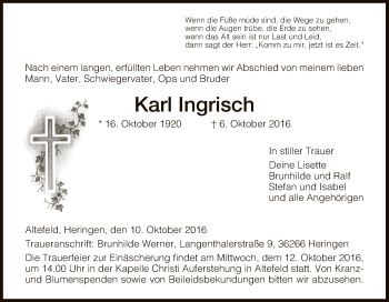 Traueranzeige von Karl Ingrisch von Eschwege