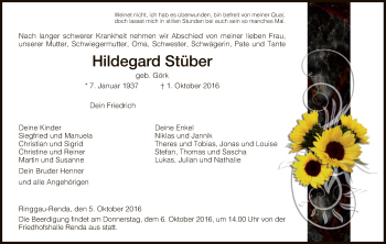 Traueranzeige von Hildegard Stüber von Eschwege