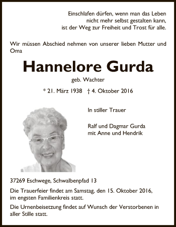 Traueranzeige von Hannelore Gurda von Eschwege