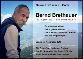 Traueranzeige von Bernd Brethauer von Eschwege