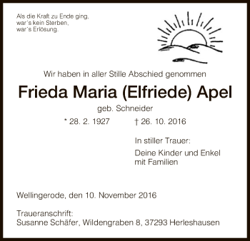 Traueranzeige von Frieda Maria Apel von Eschwege