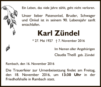 Traueranzeige von Karl Zündel von Eschwege