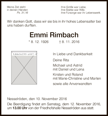 Traueranzeige von Emmi Rimbach von Eschwege