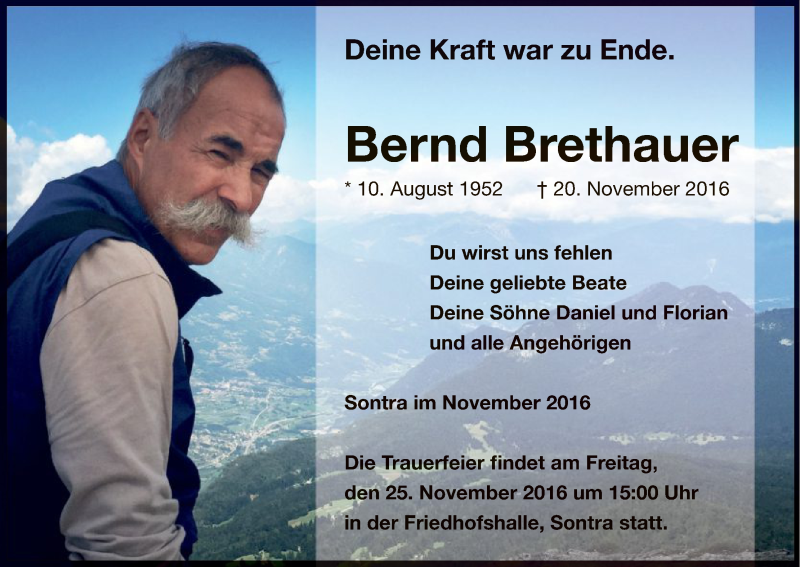  Traueranzeige für Bernd Brethauer vom 24.11.2016 aus Eschwege