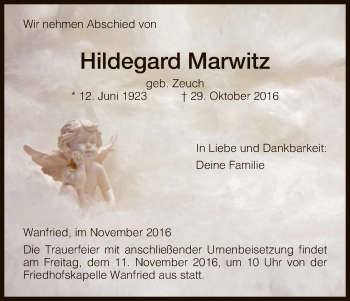 Traueranzeige von Hildegard Marwitz von Eschwege