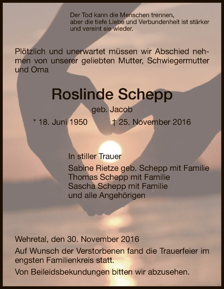  Traueranzeige für Roslinde Schepp vom 30.11.2016 aus Eschwege