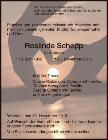 Traueranzeige von Roslinde Schepp von Eschwege