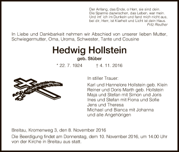 Traueranzeige von Hedwig Hollstein von Eschwege