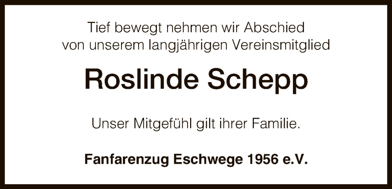 Traueranzeige für Roslinde Schepp vom 30.11.2016 aus Eschwege
