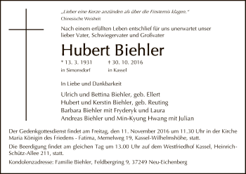 Traueranzeige von Hubert Biehler von Eschwege