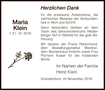 Traueranzeige von Maria Klein von Eschwege