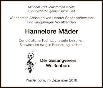 Traueranzeige von Hannelore Mäder von Eschwege