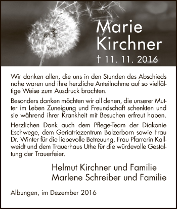 Traueranzeige von Marie Kirchner von Eschwege