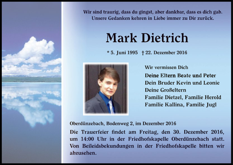  Traueranzeige für Mark Dietrich vom 28.12.2016 aus Eschwege