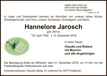 Traueranzeige von Hannelore Jarosch von Eschwege