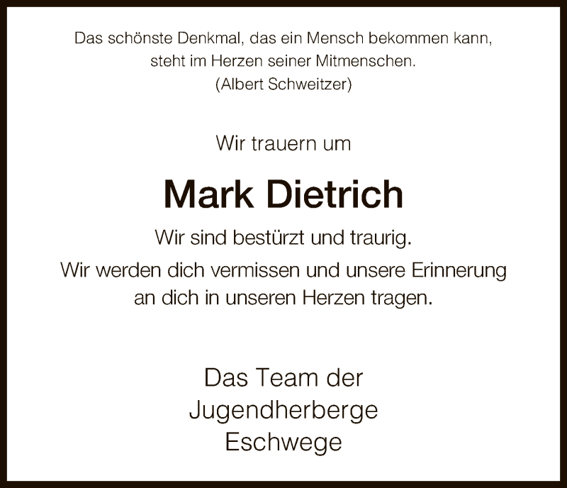  Traueranzeige für Mark Dietrich vom 29.12.2016 aus Eschwege