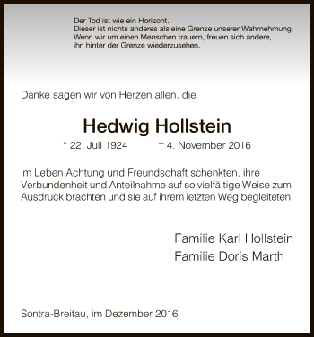 Traueranzeige von Hedwig Hollstein von Eschwege