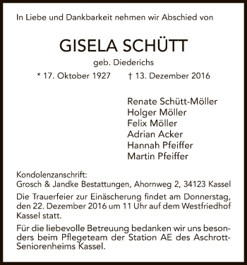 Traueranzeige von Gisela Schütt von Eschwege