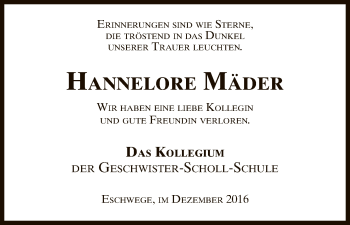 Traueranzeige von Hannelore Mäder von Eschwege