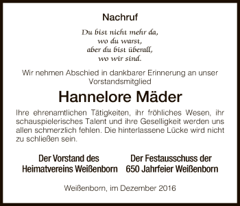 Traueranzeige von Hannelore Mäder von Eschwege