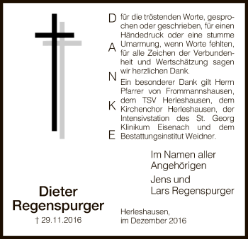 Traueranzeige von Dieter Regenspurger von Eschwege