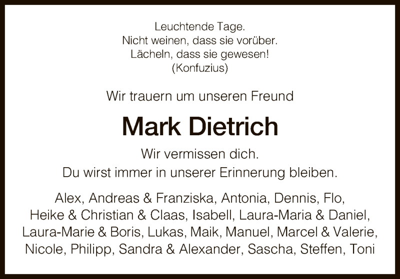  Traueranzeige für Mark Dietrich vom 31.12.2016 aus Eschwege