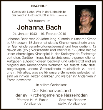 Traueranzeige von Johanna Bach von Eschwege