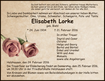 Traueranzeige von Elisabeth Lorke von Eschwege