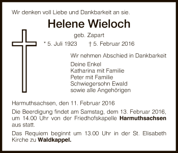 Traueranzeige von Helene Wieloch von Eschwege