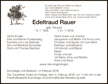 Traueranzeige von Edeltraud Rauer von Eschwege