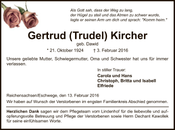 Traueranzeige von Gertrud Kircher von Eschwege