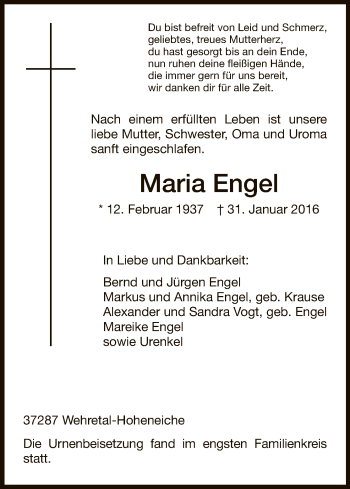 Traueranzeige von Maria Engel von Eschwege