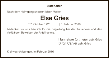 Traueranzeige von Else Gries von Eschwege