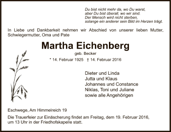 Traueranzeige von Martha Eichenberg von Eschwege