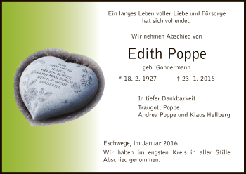 Traueranzeige von Edith Poppe von Eschwege