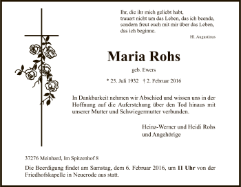 Traueranzeige von Maria Rohs von Eschwege