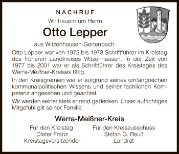 Traueranzeige von Otto Lepper von Eschwege