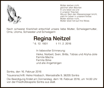 Traueranzeige von Regina Neitzel von Eschwege